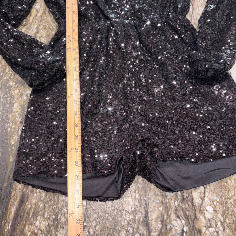 Sequin Romper Women Medium Black Long Sleeve V-Neck Party Playsuit HAODUOYI - Picture 7 of 16